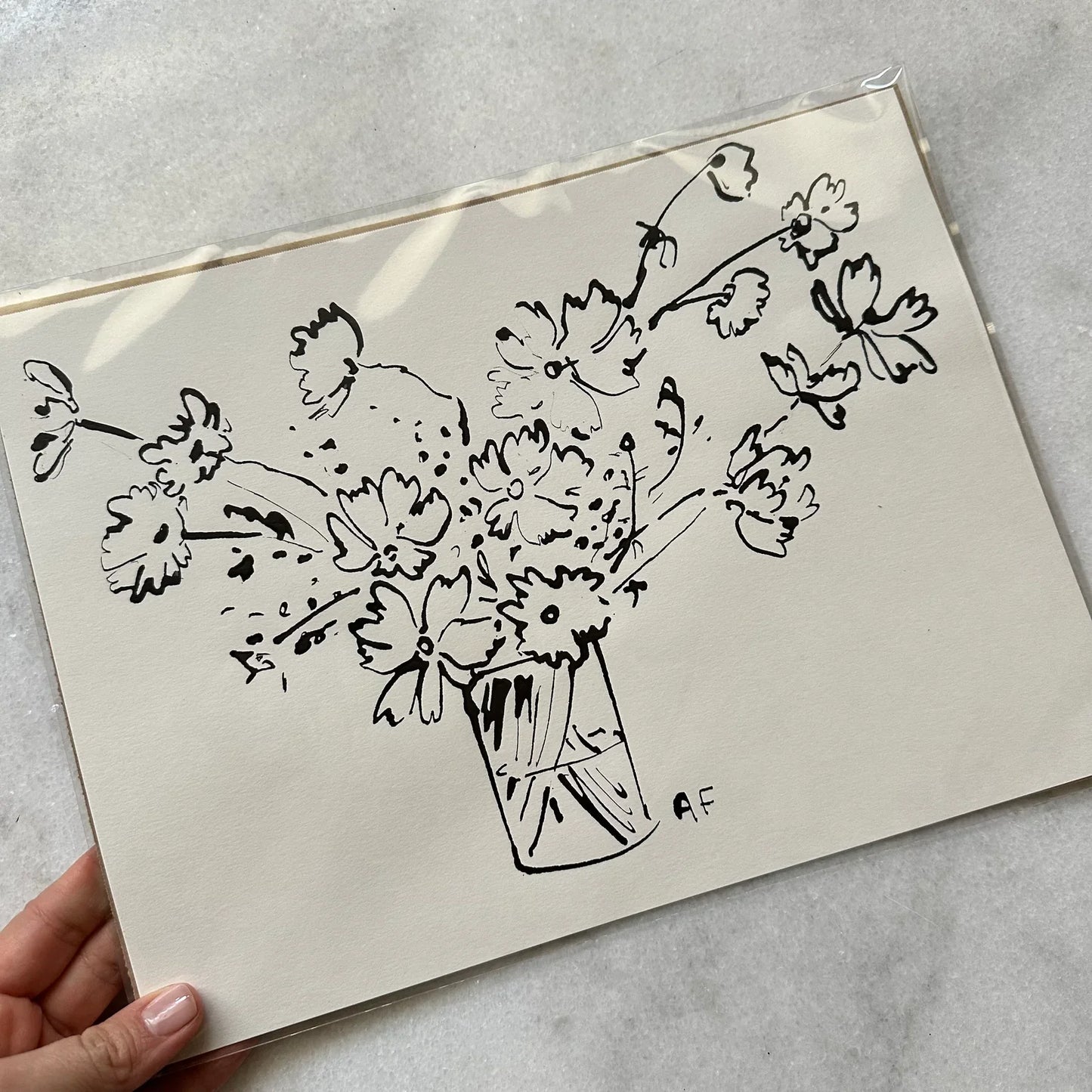 Cosmos dans un vase II à l'encre de Chine par Aislinn Forbes