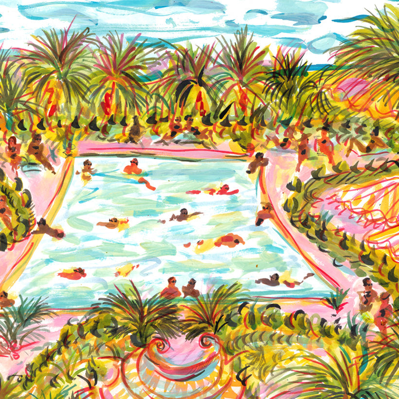 Imprimé piscine rose et palmiers