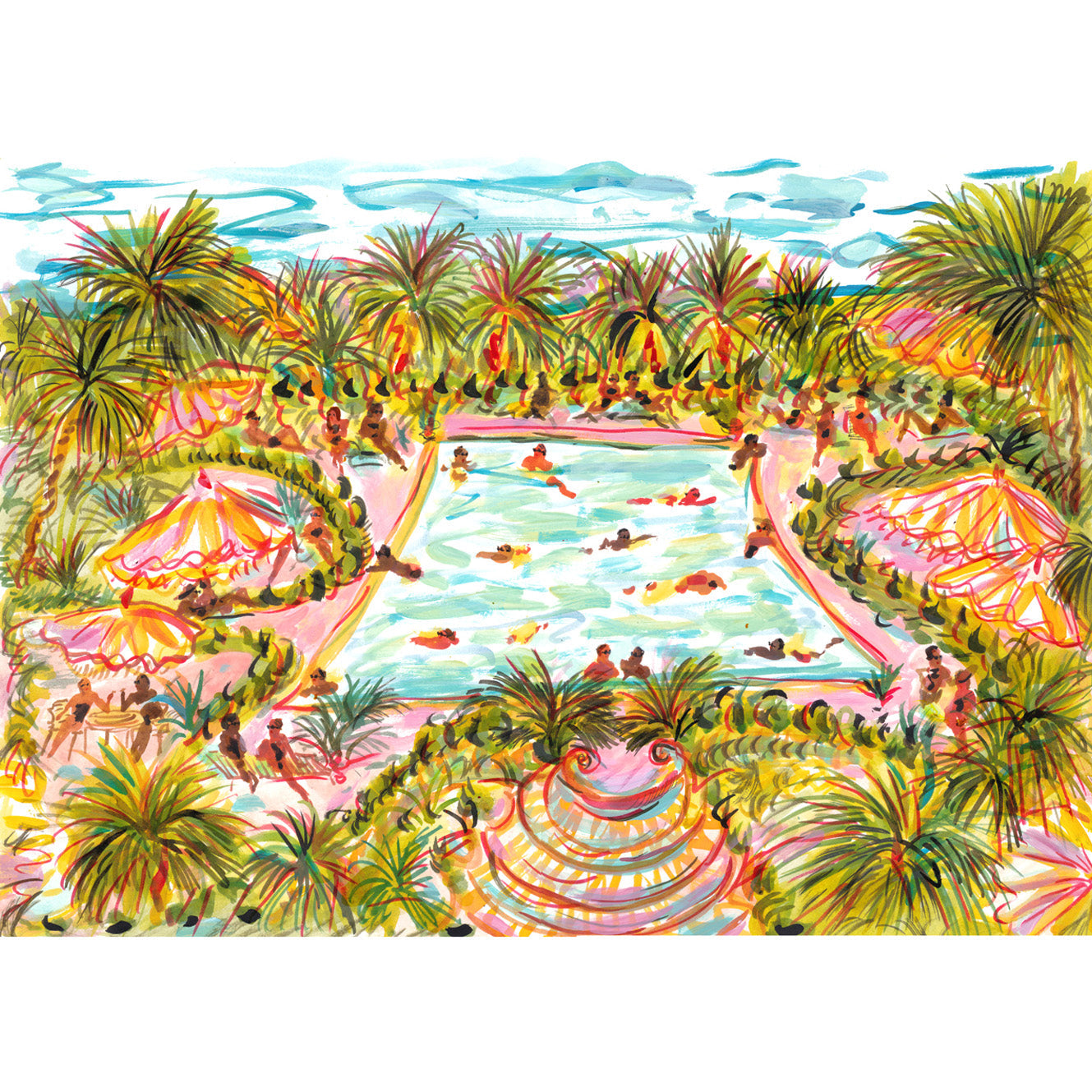 Imprimé piscine rose et palmiers
