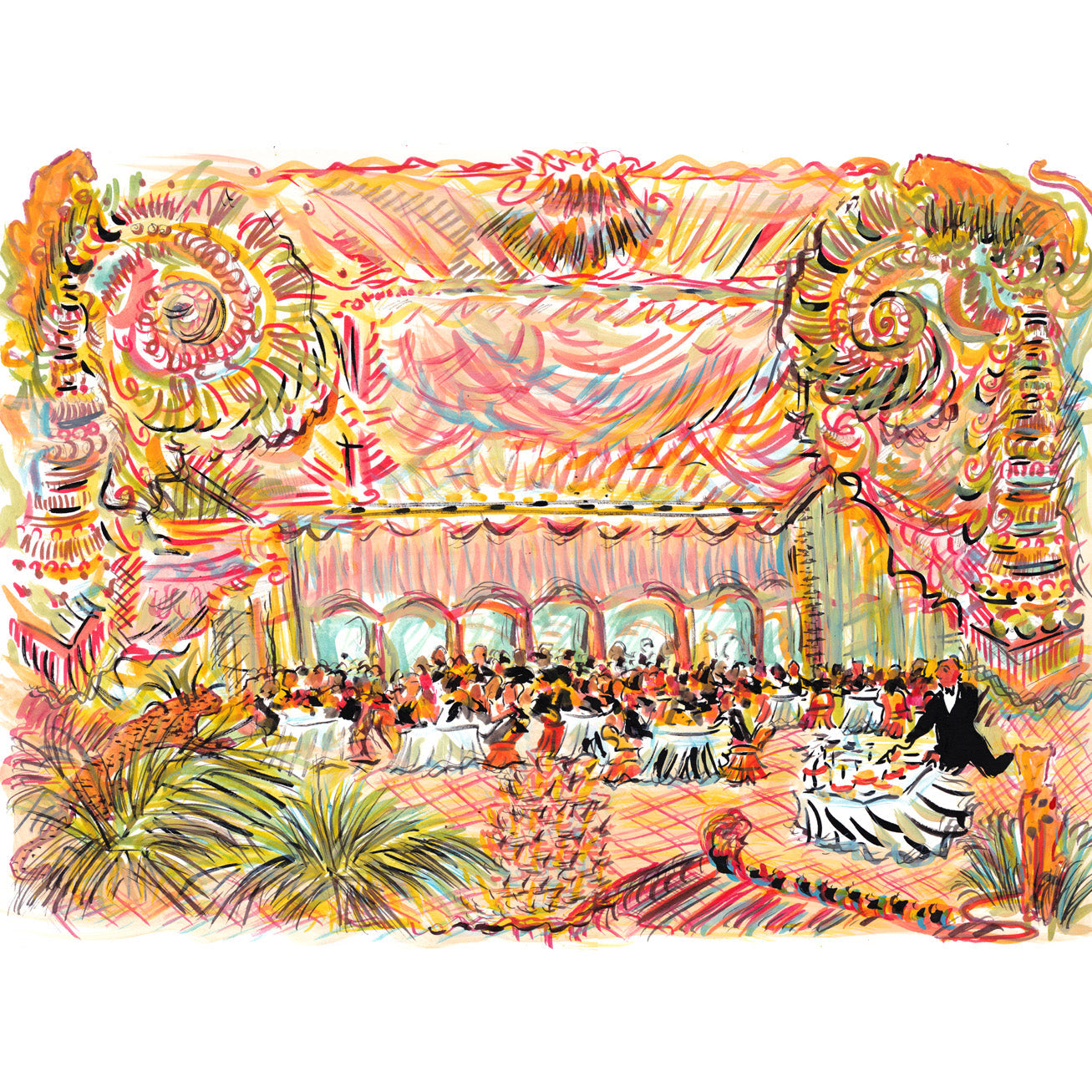Salle à manger rose avec nappes blanches