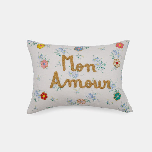 Coussin lombaire brodé blanc Mon Amour