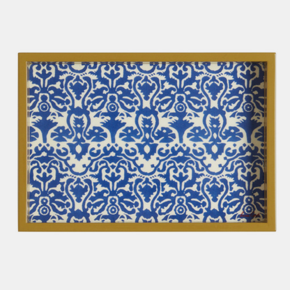 Plateau rectangulaire bleu damassé
