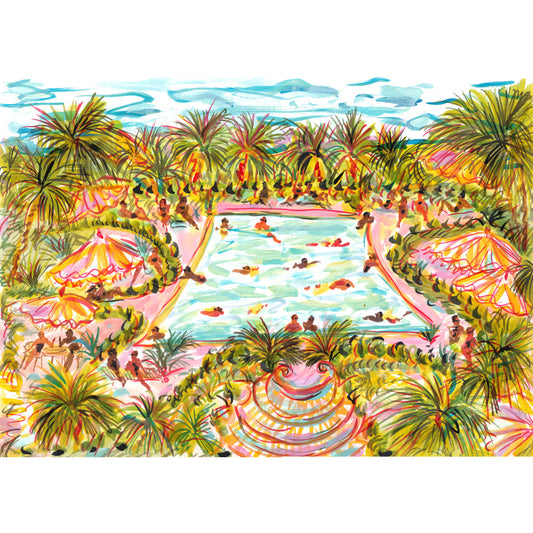 Imprimé piscine rose et palmiers