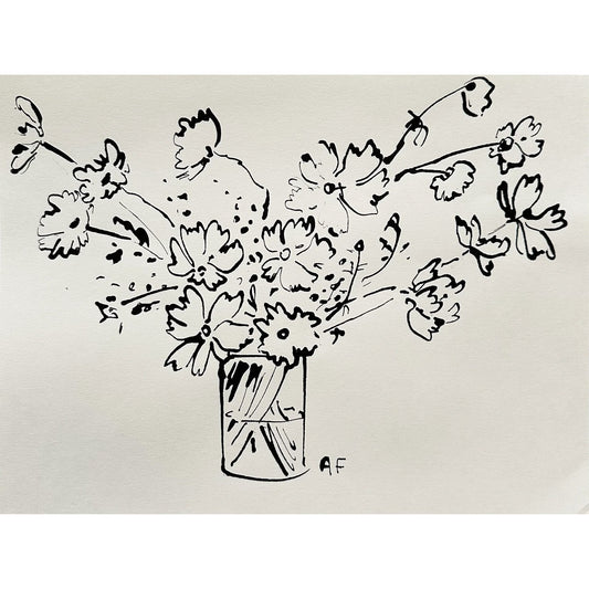 Cosmos dans un vase II à l'encre de Chine par Aislinn Forbes